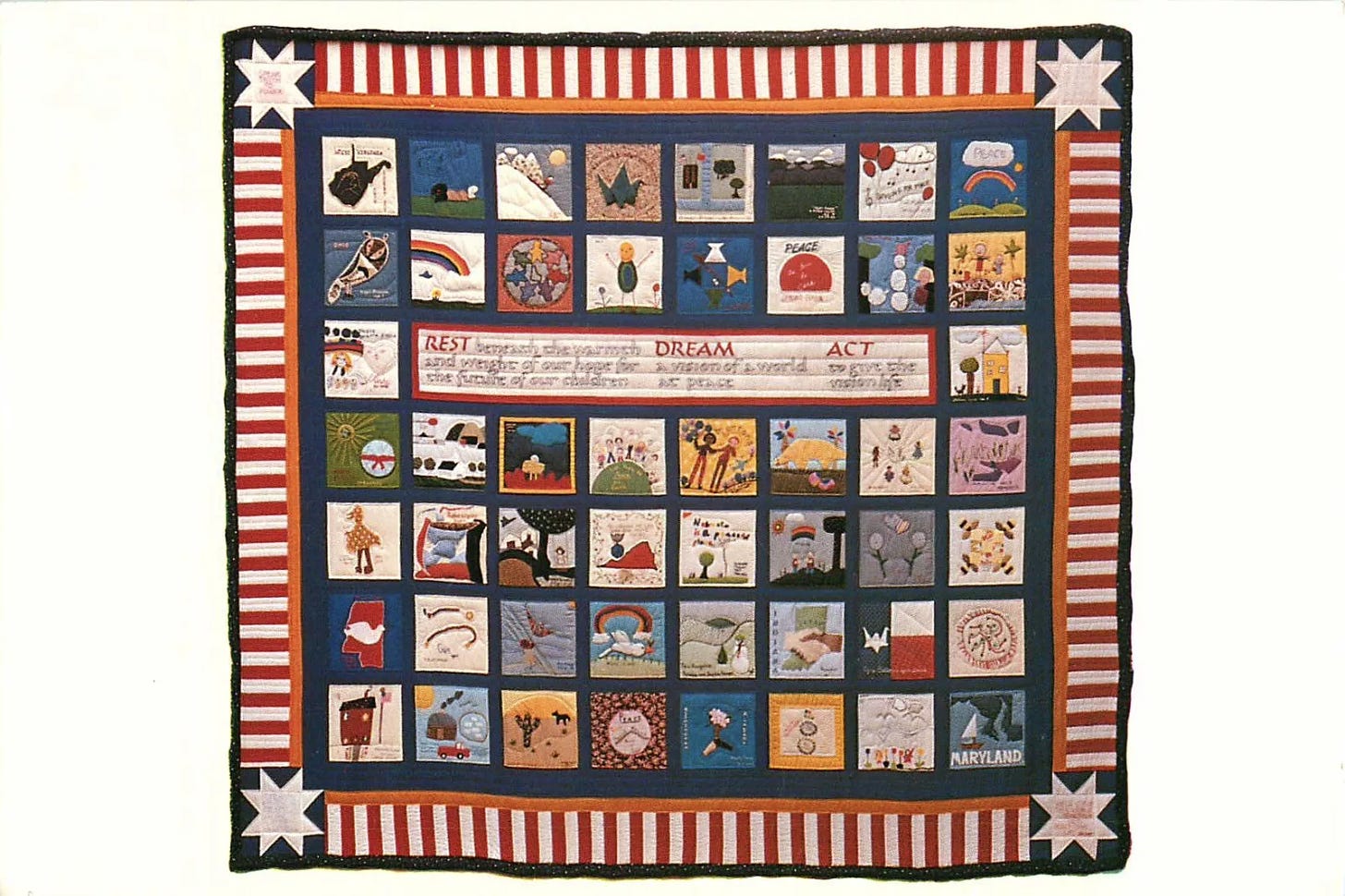 a quilt with a square for each state, featuring children's artwork