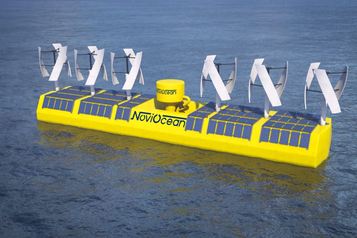 This hybrid energy platform is an innovative 650-kW wave power generator, with 300 kW of wind energy and 50 kW of solar piggybacked on board