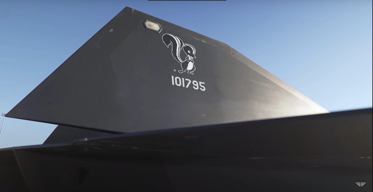 An Image of Lockheed Martin’s “Skunk Works” division logo imprinted on the rear stabilizer of the Darkstar.