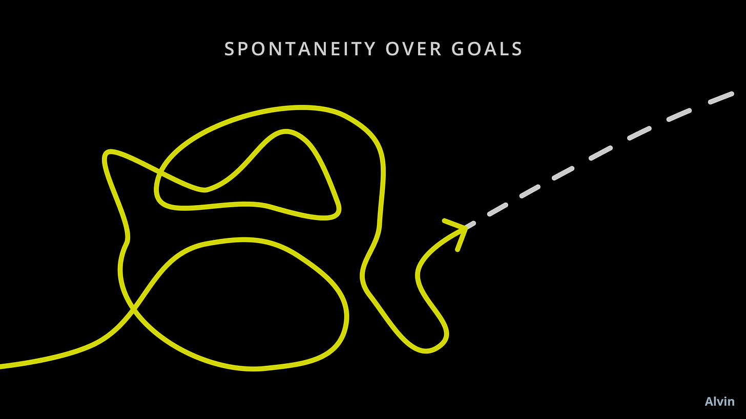 Spontaneity over goals. A winding line that leads off the page.