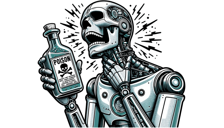 A skeletal humanoid robot drinks a bottle labeled poison.
