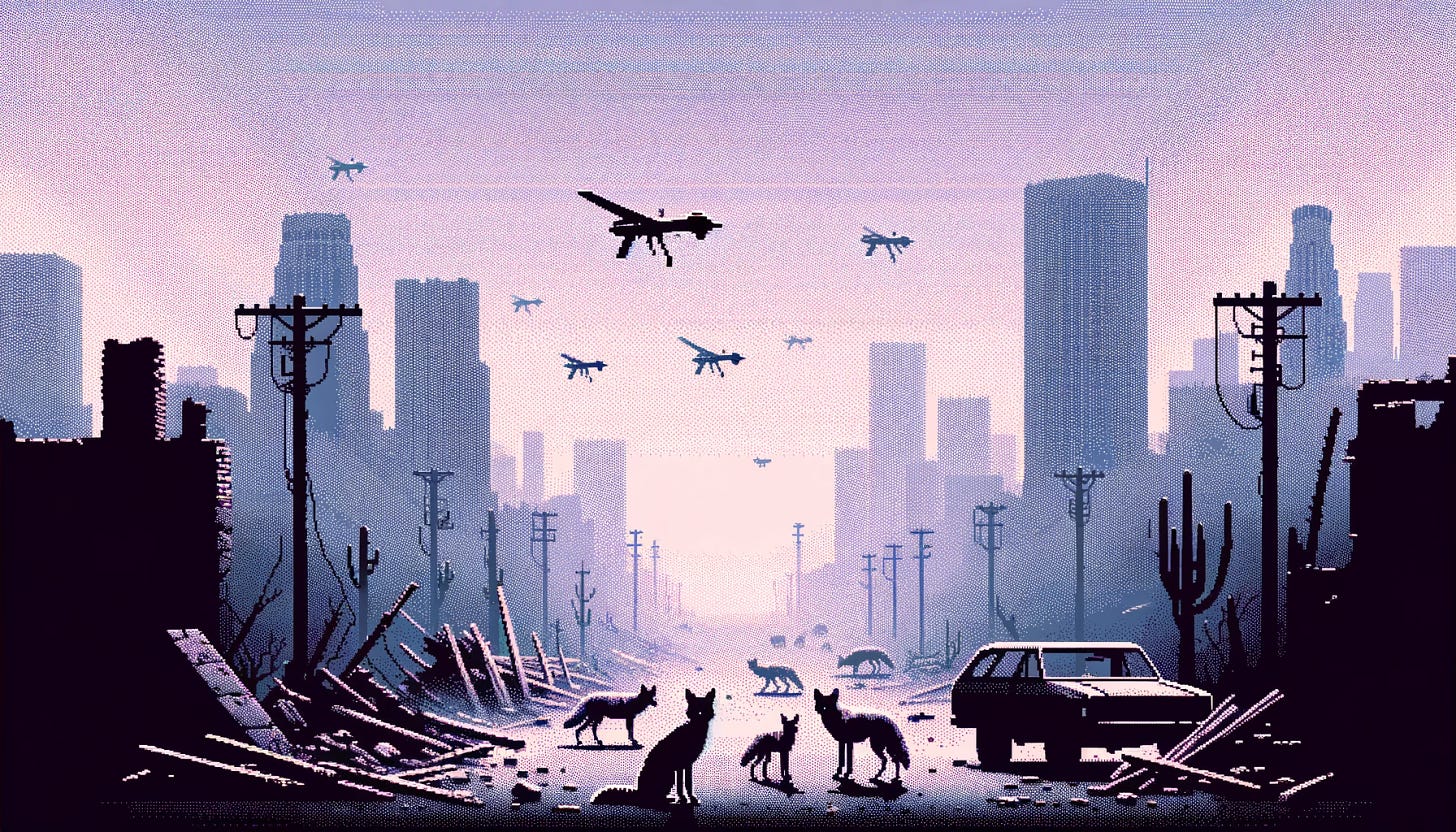 A 16-bit graphic in a minimalist style, depicting an apocalyptic Los Angeles scene, now with the addition of drone aircraft and coyotes. The drones are flying against a smoky sky, their silhouettes small but distinct. The coyotes are on the ground, moving through the ruins and overgrown streets, their figures lean and wild, adding a sense of life to the desolation. The backdrop remains sparse, with the haunting purple hue, and the acephalic non-entity stands as a silent observer to the new order of the city, where nature and technology intersect in the aftermath of collapse.