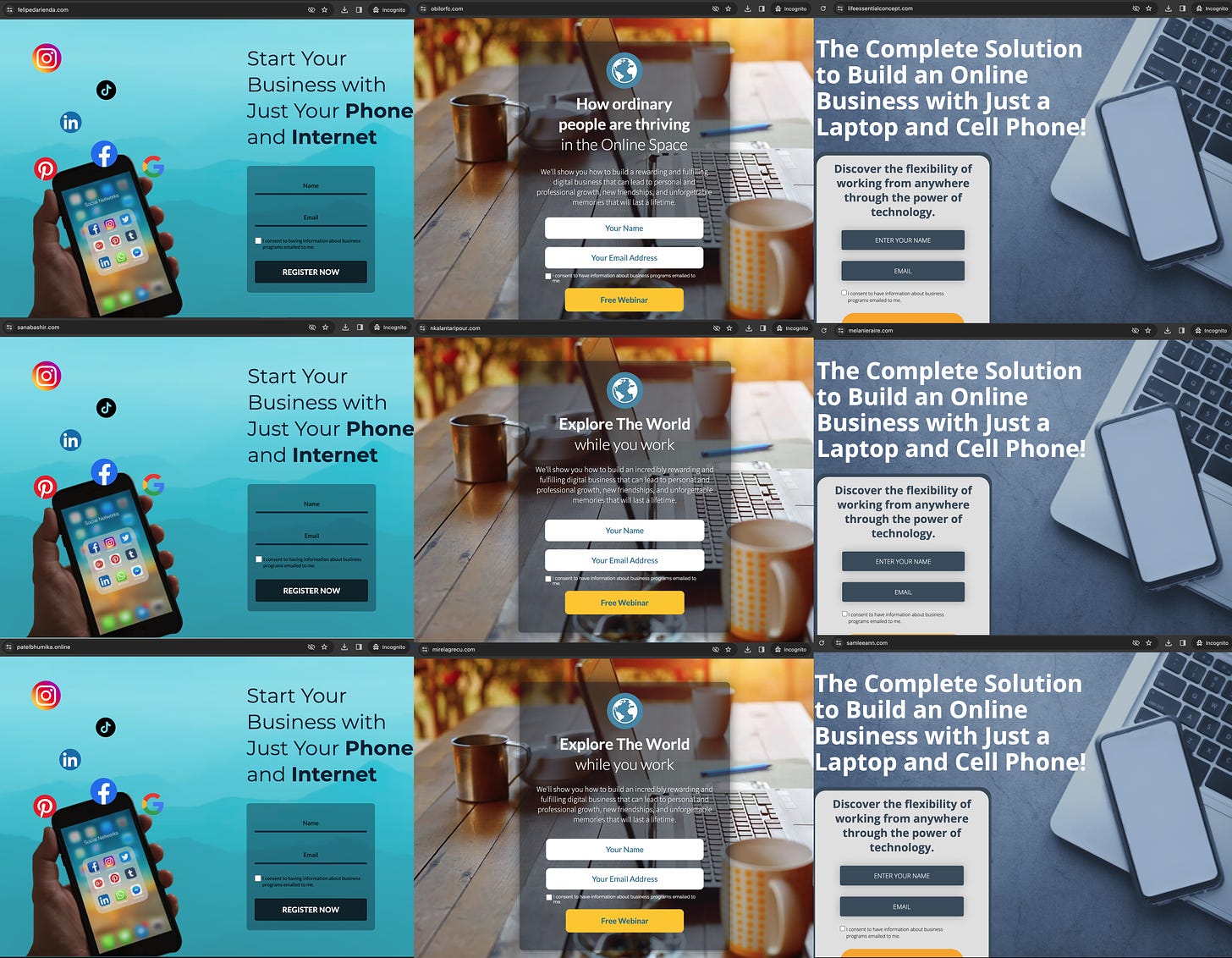 screenshots of 9 MLM websites