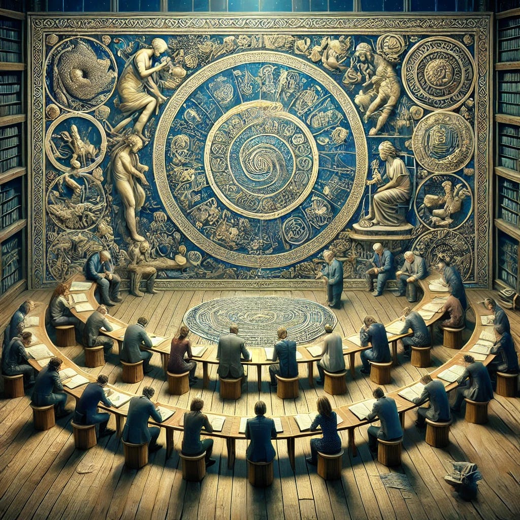 A thought-provoking and visually striking image that encapsulates the theme of observing patterns over words and actions. The scene features a diverse group of people gathered around a large, intricate tapestry that displays various patterns, symbolizing the complexity of human behavior. Each person is intently studying different parts of the tapestry, representing the analytical process of discerning patterns. The setting is serene and scholarly, perhaps in a library or study room, emphasizing the importance of reflection and deep analysis in understanding human interactions.