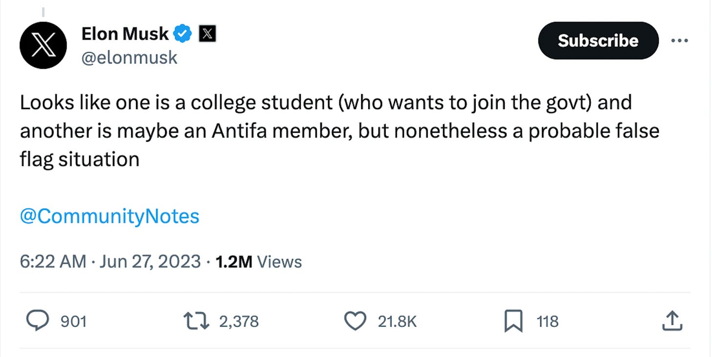 Musk tweet Looks like one is a college student (who wants to join the govt) and another is maybe an Antifa member, but nonetheless a probable false flag situation