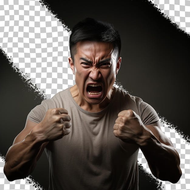 Angry Asian man with his fists up, snarling, against a black and gray-white checkerboard pattern.