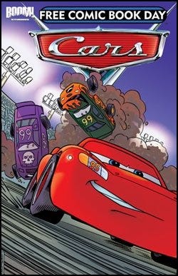 Cover of a CARS comic book with Lighning McQueen leading a race.