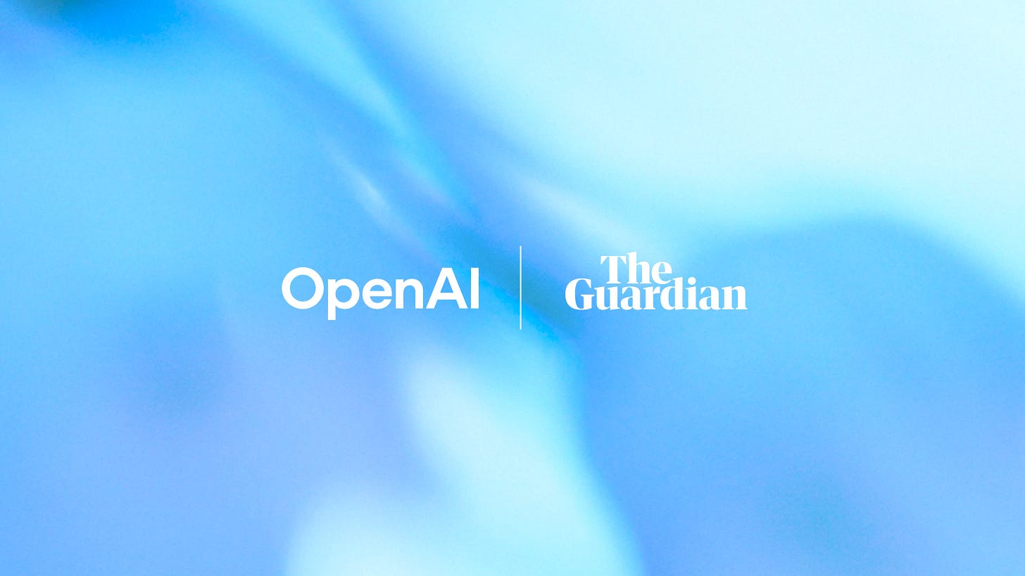 Fundo desfocado em gradiente azul com os logotipos 'OpenAI' e 'The Guardian' em branco, separados por uma linha vertical no centro.