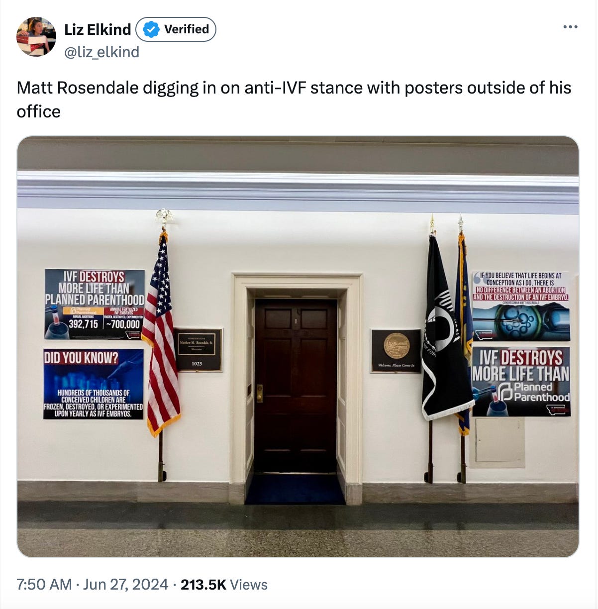 tweet featuring a picture of the outside of Rosendale's office, with multiple signs about how IVF destroys more lives than planned parenthood.