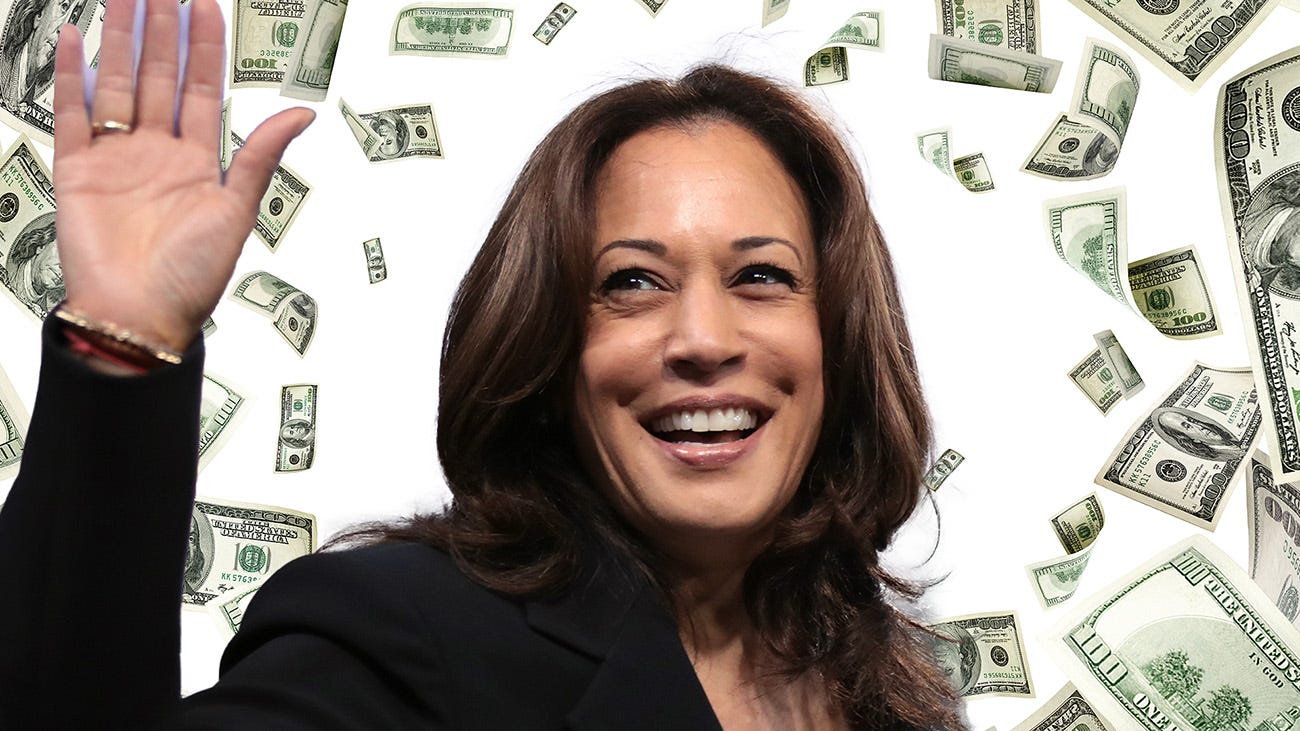 Kamala Harris waving amidst a background of flying money