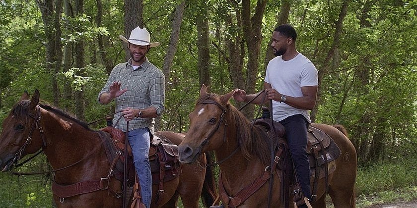 Walker jared padalecki and Trey go bareback riding with white hat on.