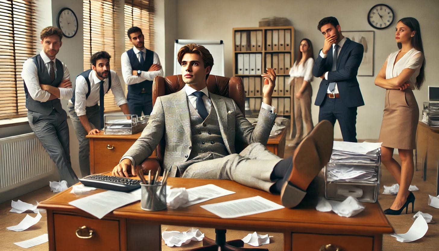 Un jefe de oficina en un entorno moderno que tiene una actitud arrogante y se muestra como si se creyera superior a todos. Está vestido con un traje elegante y lleva una expresión altiva, con la nariz ligeramente levantada. Está sentado en una silla de oficina de lujo, con los pies sobre un escritorio caro lleno de papeles desordenados. Sus empleados, al fondo, lo miran con expresiones de frustración o incredulidad. La escena tiene un estilo realista y está bien iluminada, destacando los detalles del entorno y los gestos de los personajes.