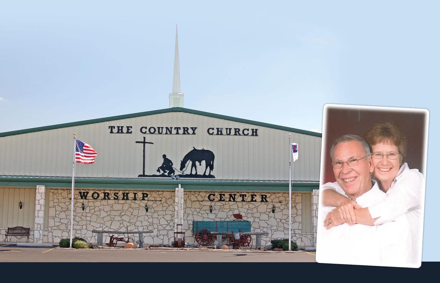 Image of The Country Church in Marion, TX with a picture of Butch and Joan Ikels superimposed.