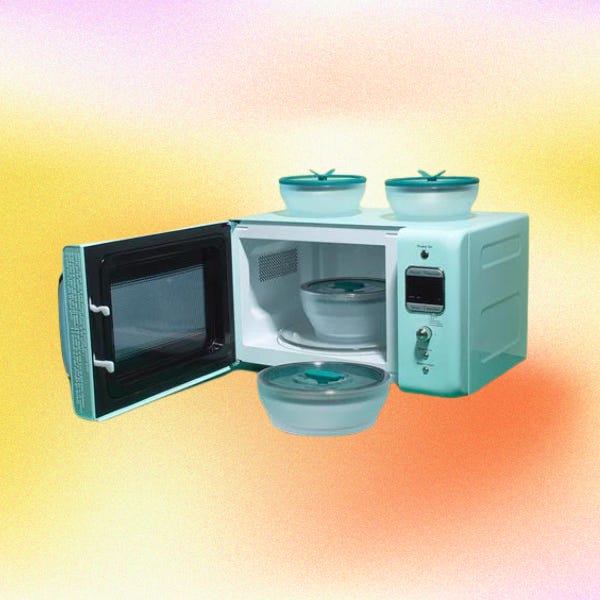 Microwave dishes and a microwave on a gradient background