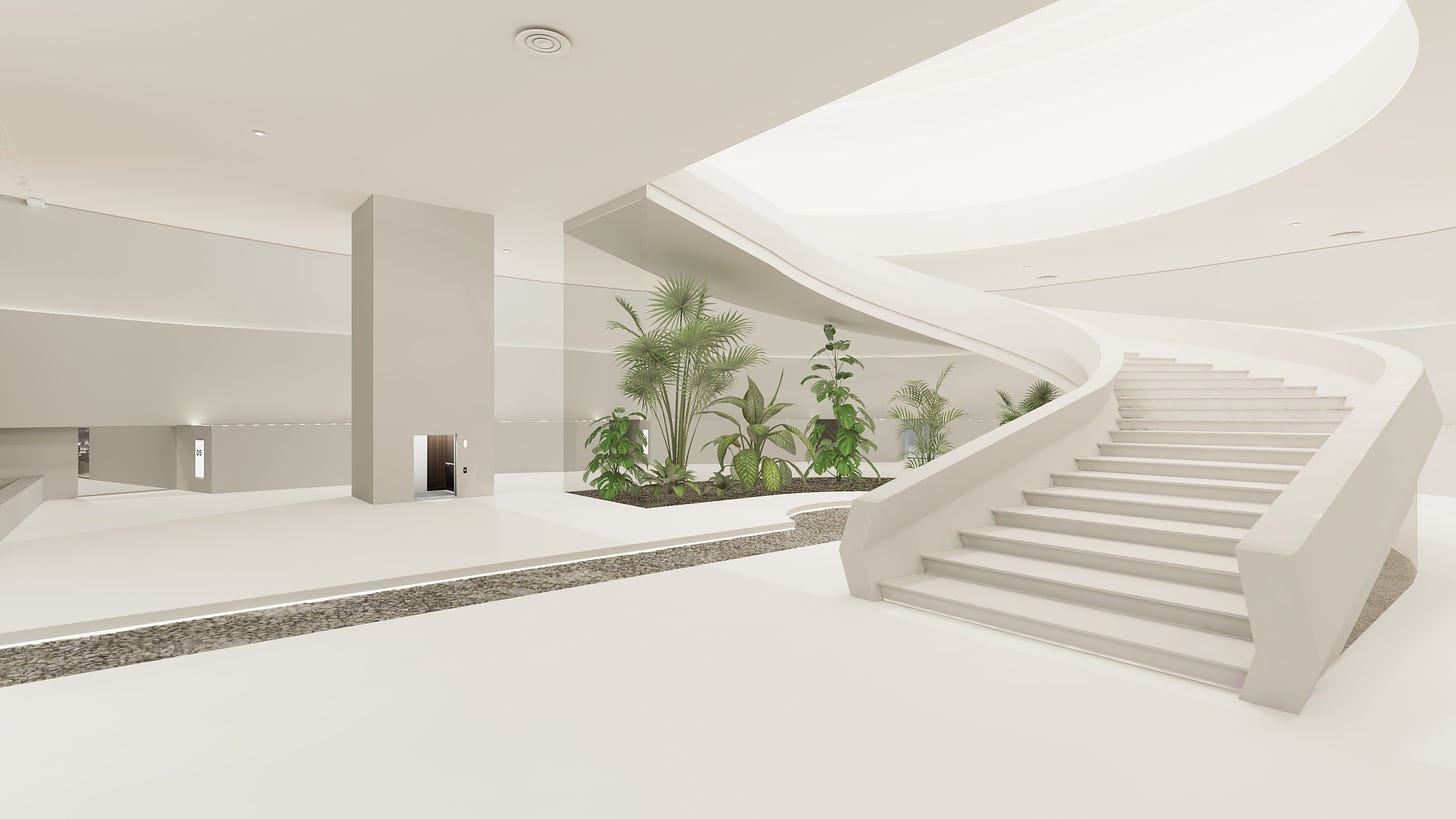 A white room containing a large, twisting staircase. Under the stairs is a glass display containing plants.