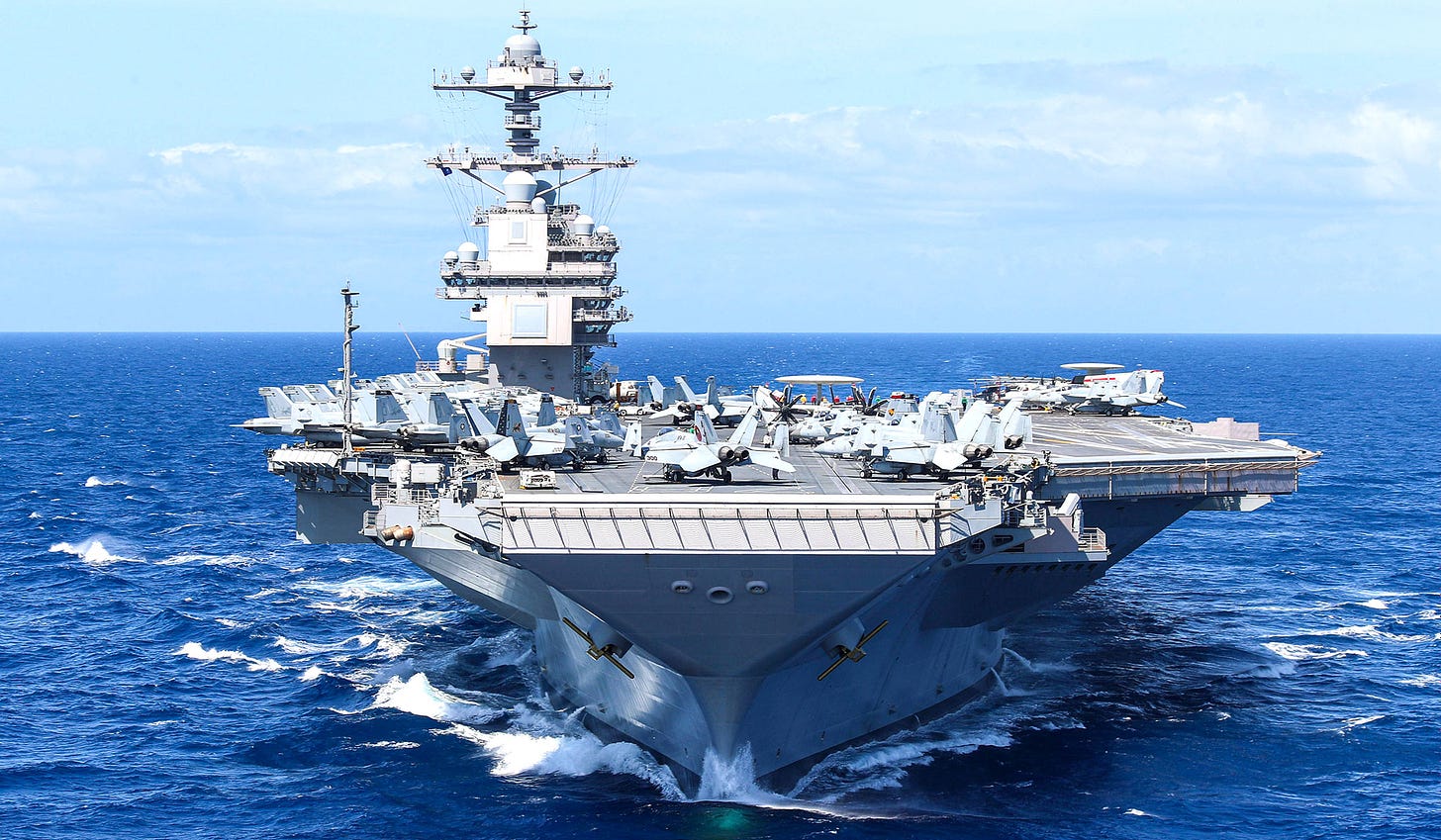 The USS Gerald R. Ford, a 100,000-tonne supercarrier with a GTC value of $13 billion, leaves ...