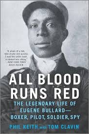 Book cover of “All Blood Runs Red; The legendary Life of Eugene Bullard – Boxer, Pilot, Soldier, Spy” by Phil Keith with Tom Clavin. The Book cover features a black and white head and shoulders photo of Bullard wearing a uniform with cap. He has a confident and serene expression looking forward and slightly up.  The title of the book is written in white block letters across Bullard’s chest with the sub title and authors names below in blue text.