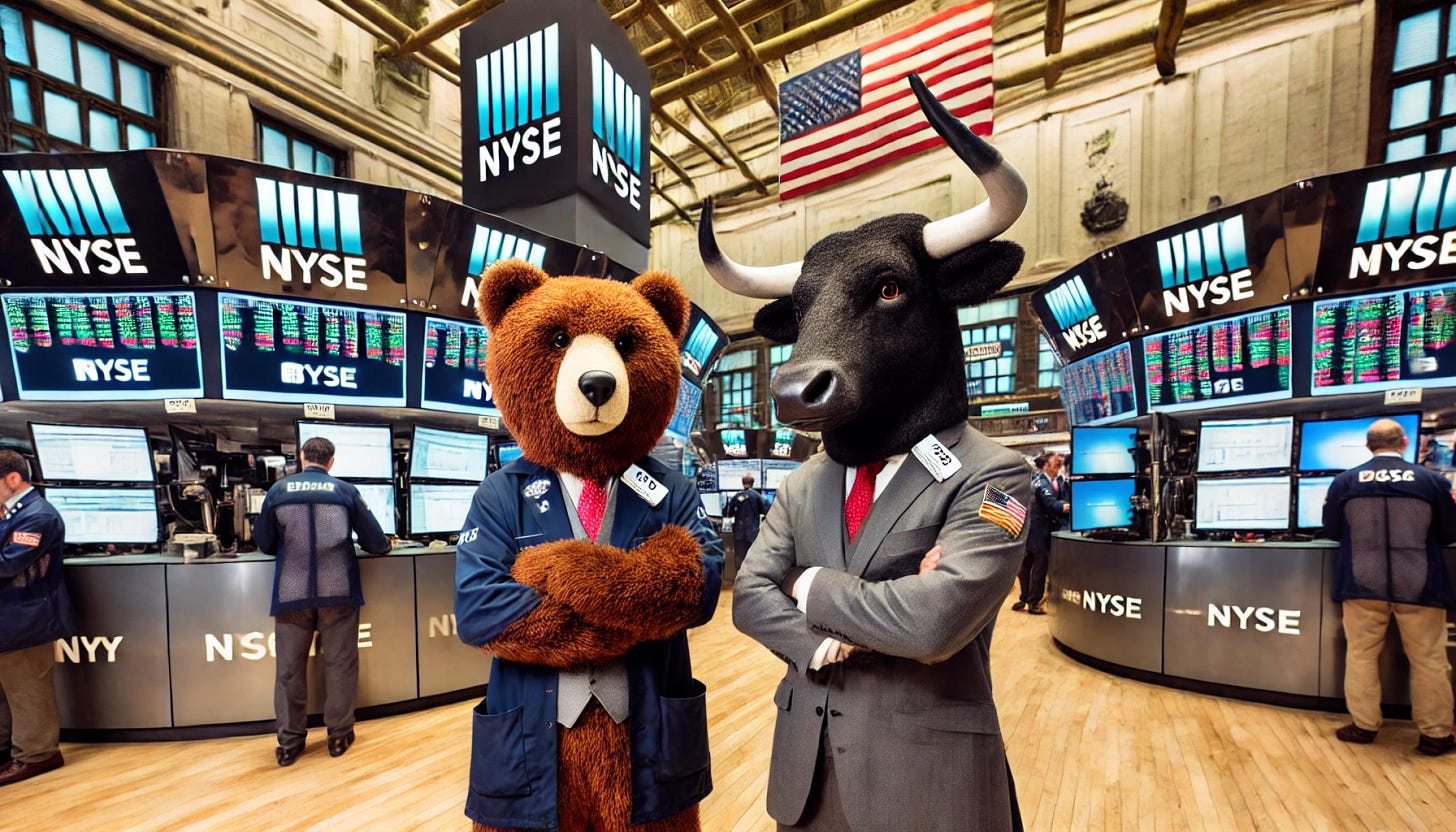 An anthropomorphic bear and bull inside the New York Stock Exchange. The bear and bull are dressed in business attire, symbolizing their roles in the market. They are standing together on the trading floor with large electronic ticker displays showing stock prices and trading kiosks around them. The bear has a slightly bearish demeanor with arms crossed, while the bull is optimistic, standing tall and confident. The busy trading atmosphere with traders working at the kiosks and monitors in the background gives the scene a dynamic, financial market vibe.