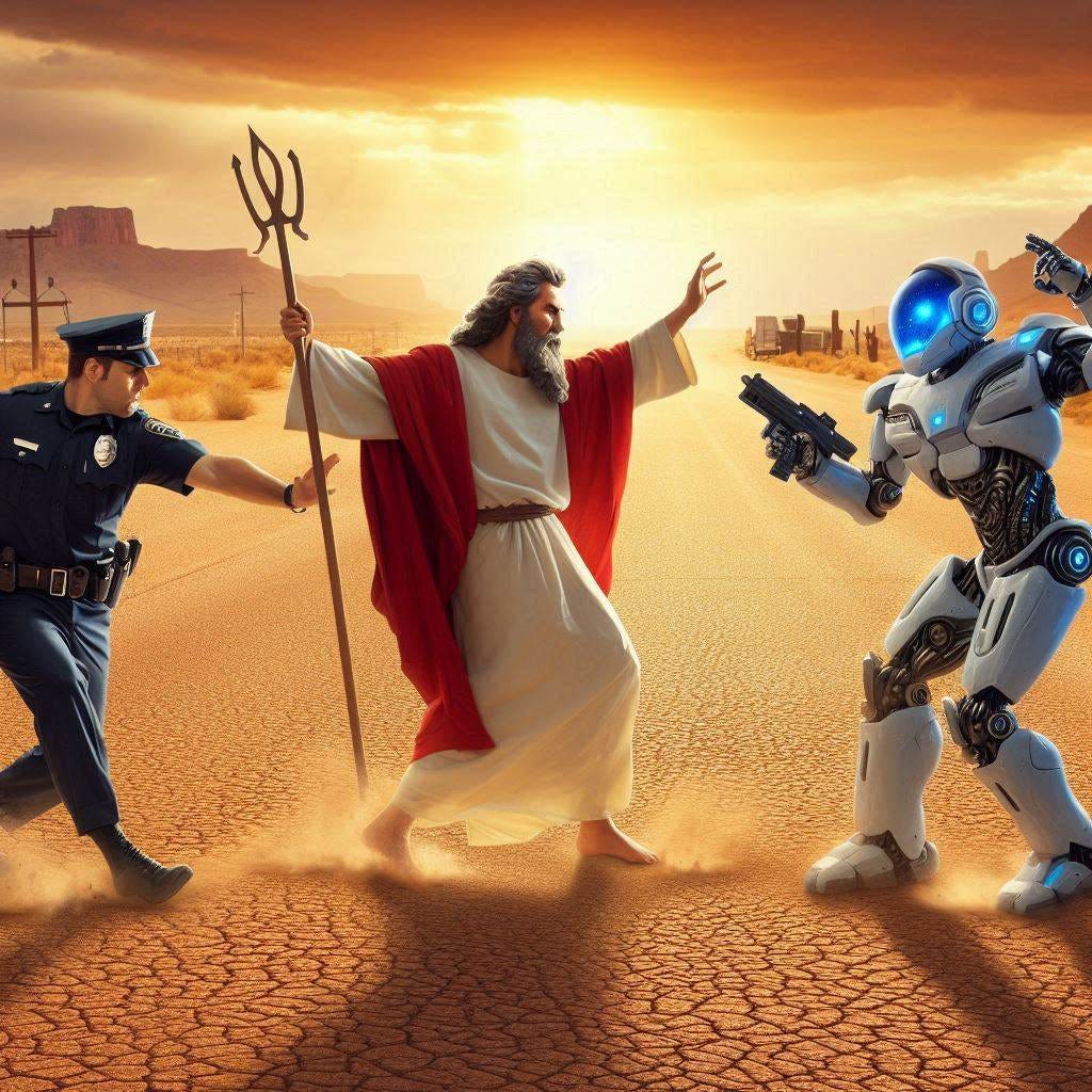 God, a Policeman, and a robot fighting each other in a desert landscape