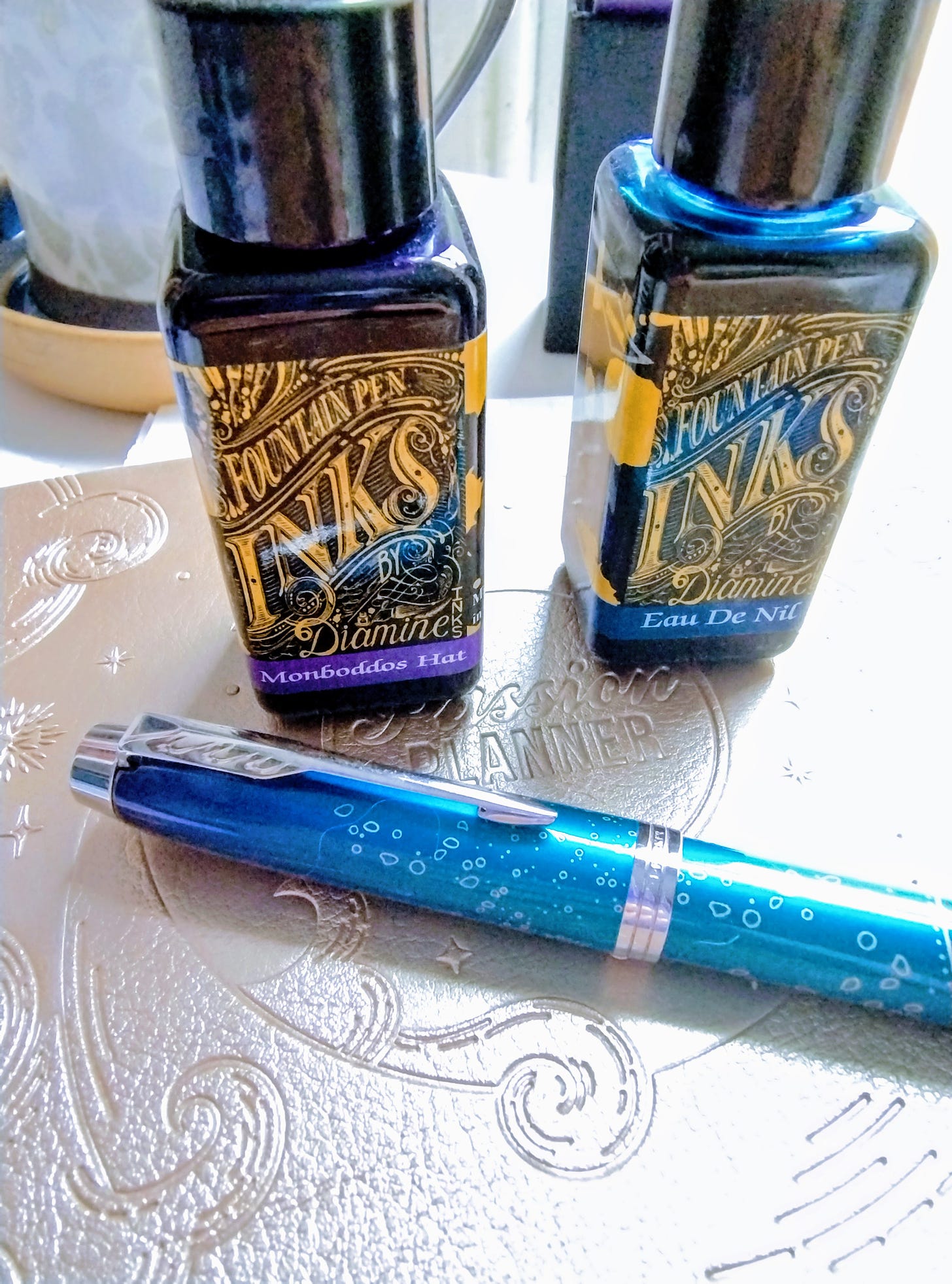 two inks and a fountain pen. Both are coloured inks, one is called Monboddos's Hat