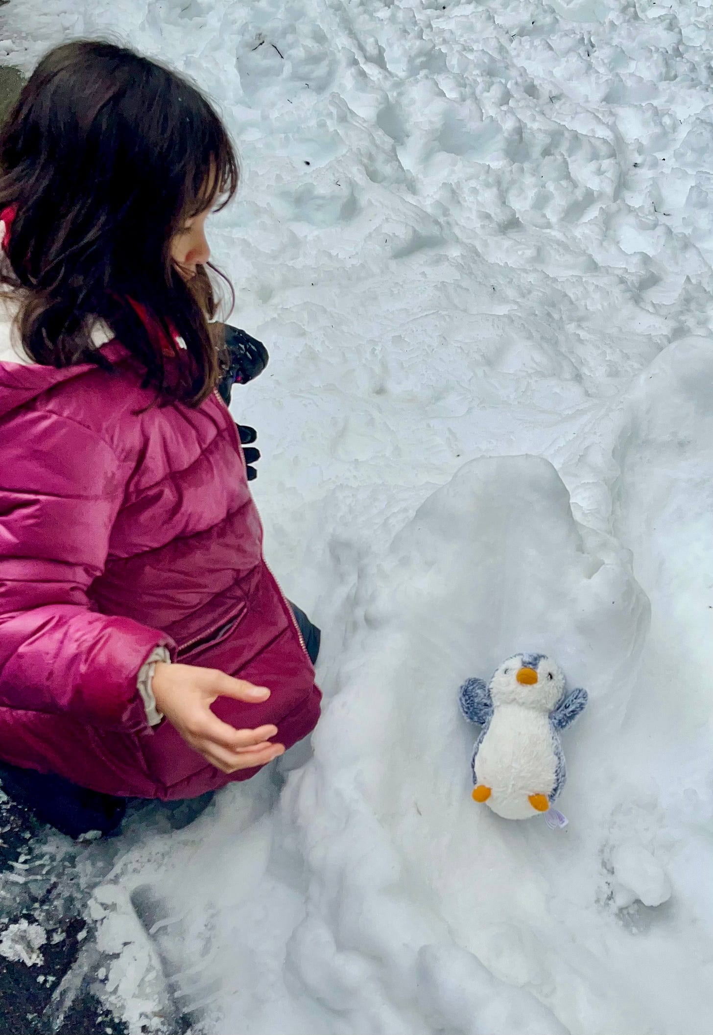 Girl sitting in snow with a stuffed penguin next to her.