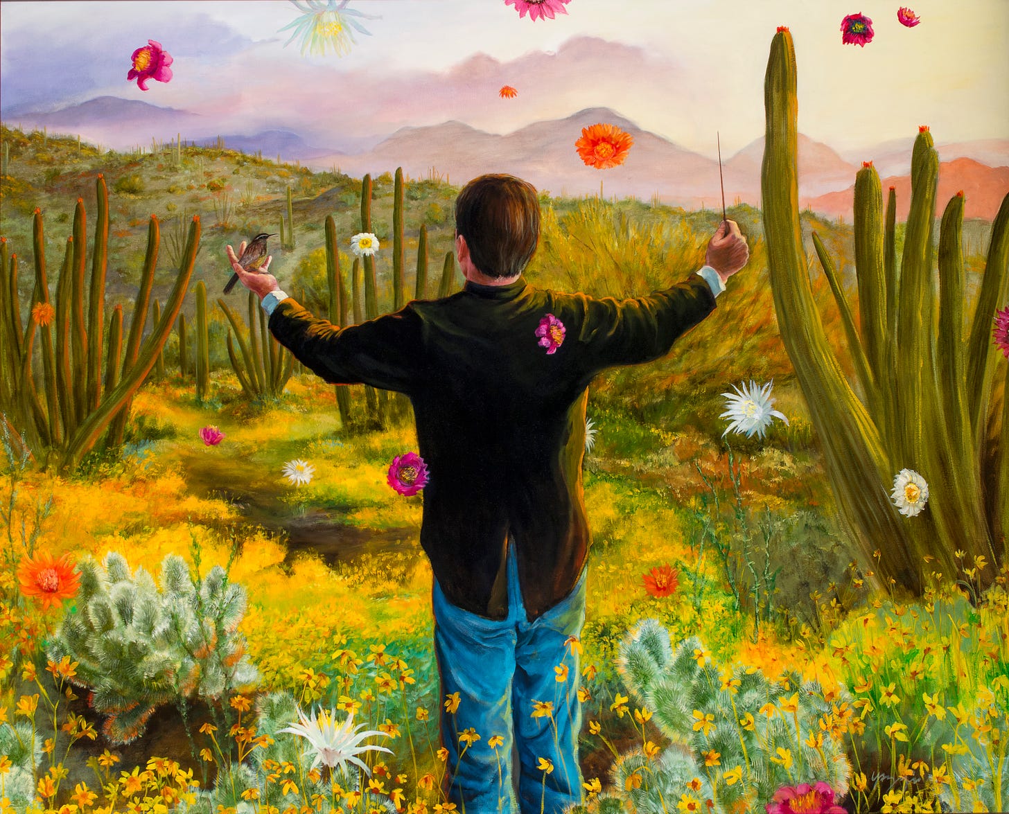Steven Yazzie (Diné/Pueblo of Laguna, New Mexico/European descent), "Orchestrating a Blooming Desert," 2003, Oil on canvas, Collection of Christy Vezolles. © 2003 Steven J. Yazzie. All rights reserved. Courtesy of the Heard Museum, photo by Craig Smith