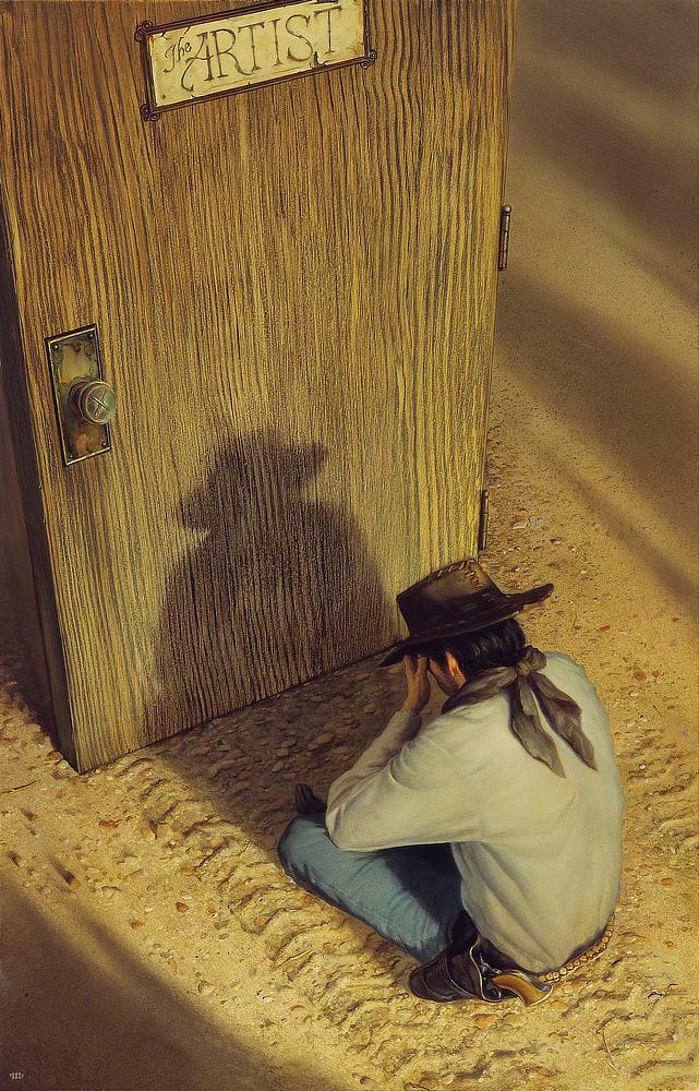 In a mournful pose, the last gunslinger sits with head in hands. The earth under him is marked with tire treads. His shadow falls on a freestanding wooden door marked with a plaque reading "The Artist" in stylized script. Two paintbrushes cross to form an X on the doorknob.