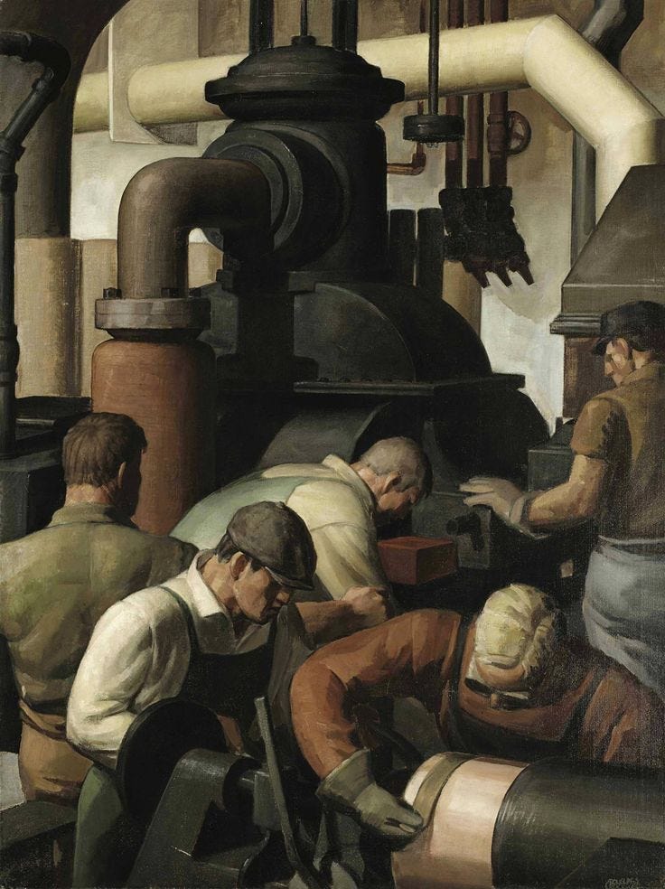 This may contain: an oil painting of men working in a factory