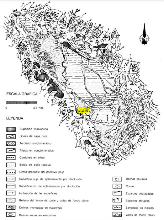 Mapa geomorfològic de l'entorn del pòlie (polje) de Saganta o de Purroi. Benavarri, Ribagorça d'Osca. Montsec de l'Estall.