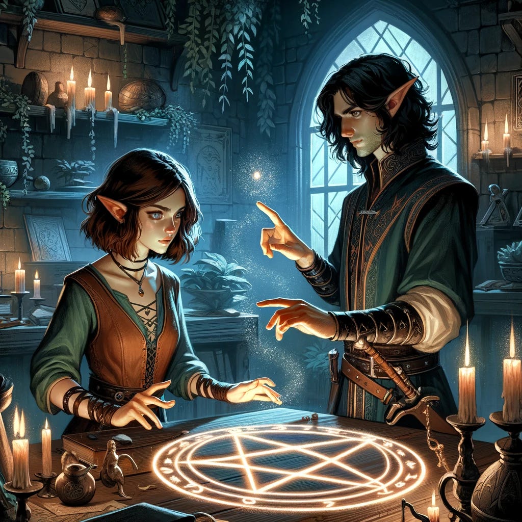Create an illustration of the young female elf with medium-length brown hair and the male elf mage with long black curly hair performing the Lesser Banishing Ritual of the Pentagram. They are in a mystical, solarpunk-themed room filled with eco-friendly magical artifacts. The room is dimly lit, with the only light source being the glowing pentagram they are drawing in the air. Both elves are focused and serious, their hands moving in precise gestures to form the pentagram, surrounded by a faint, magical aura.