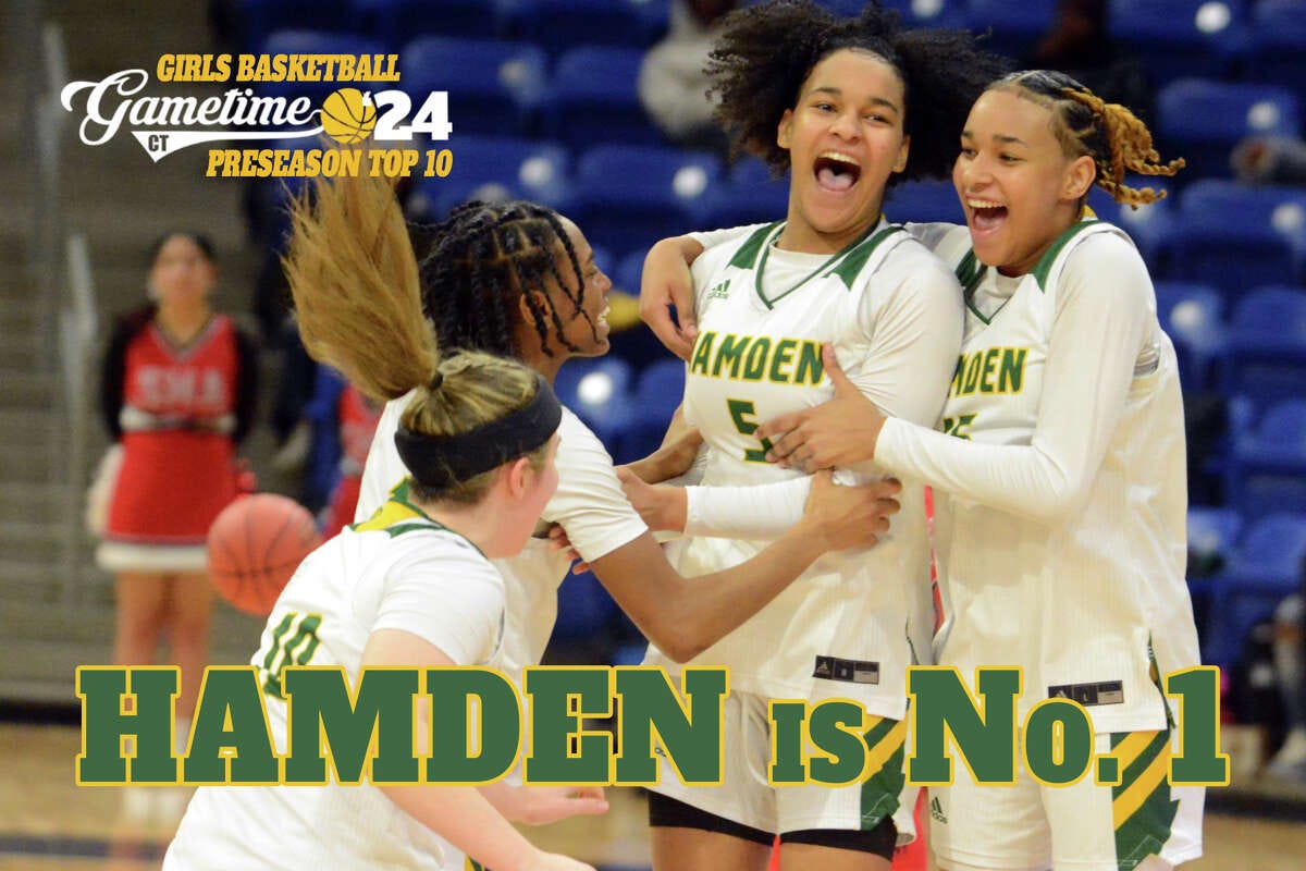 Hamden's Gianna Donnarummo (10), Thailyn Geter, Alana Philpotts (5) and Leah Philpotts celebrate after winning the SCC girls' basketball championship. With most of those players returning, the defending Class LL champions are the consensus pick for No. 1  heading into the 2023-24 season.