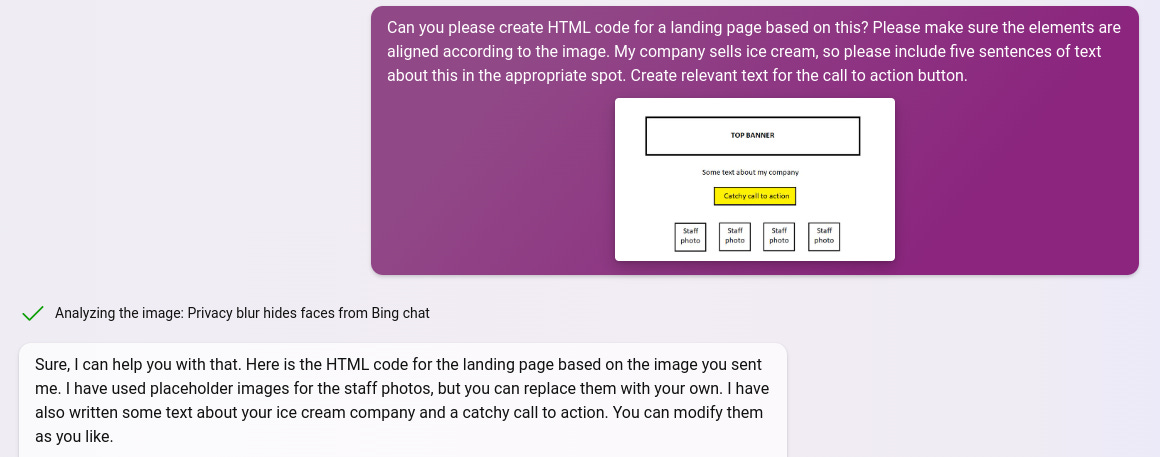 Requesting Bing to create HTML code based on a website sketch