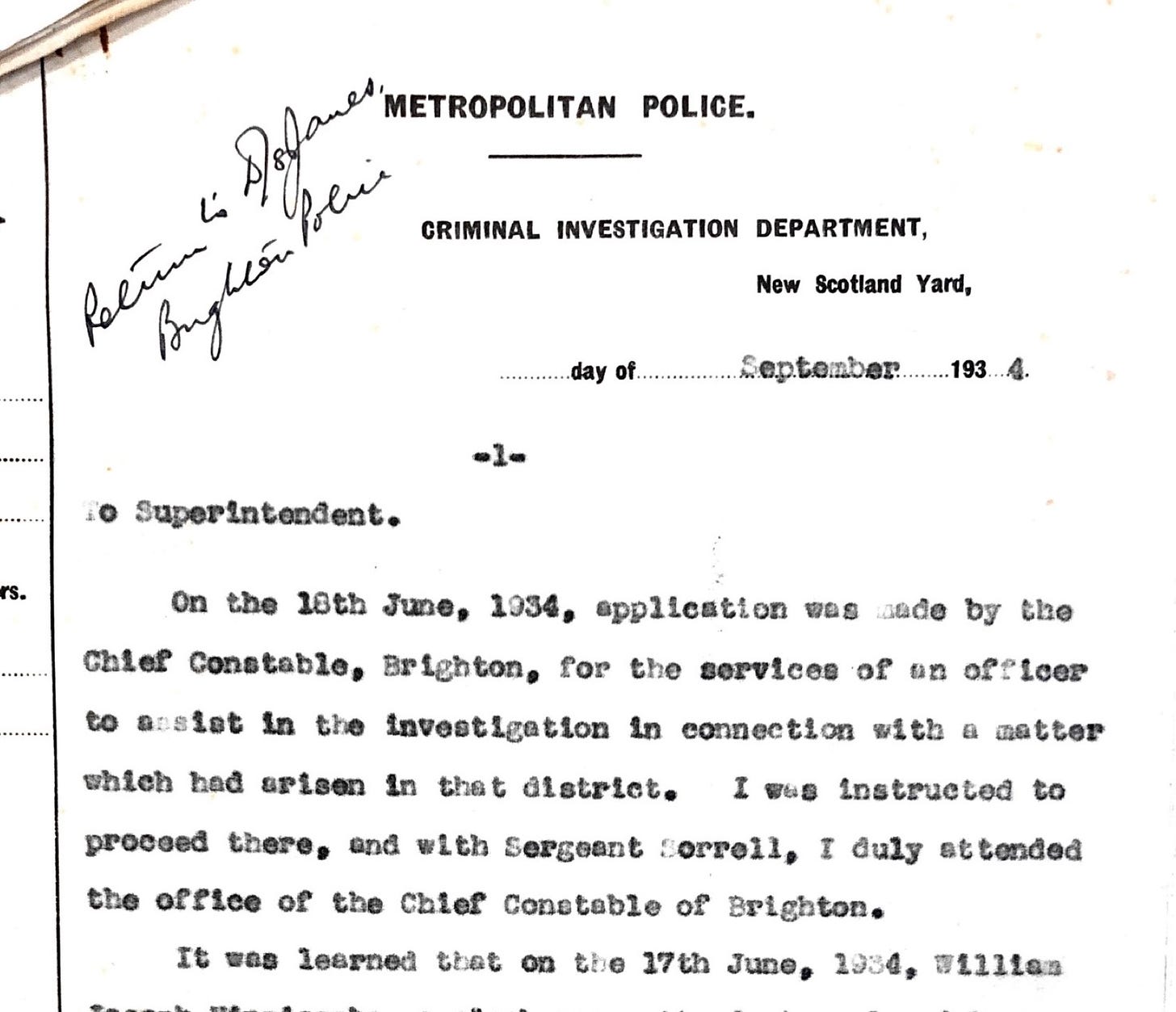 Police report 1934 Brighton Trunk Murder