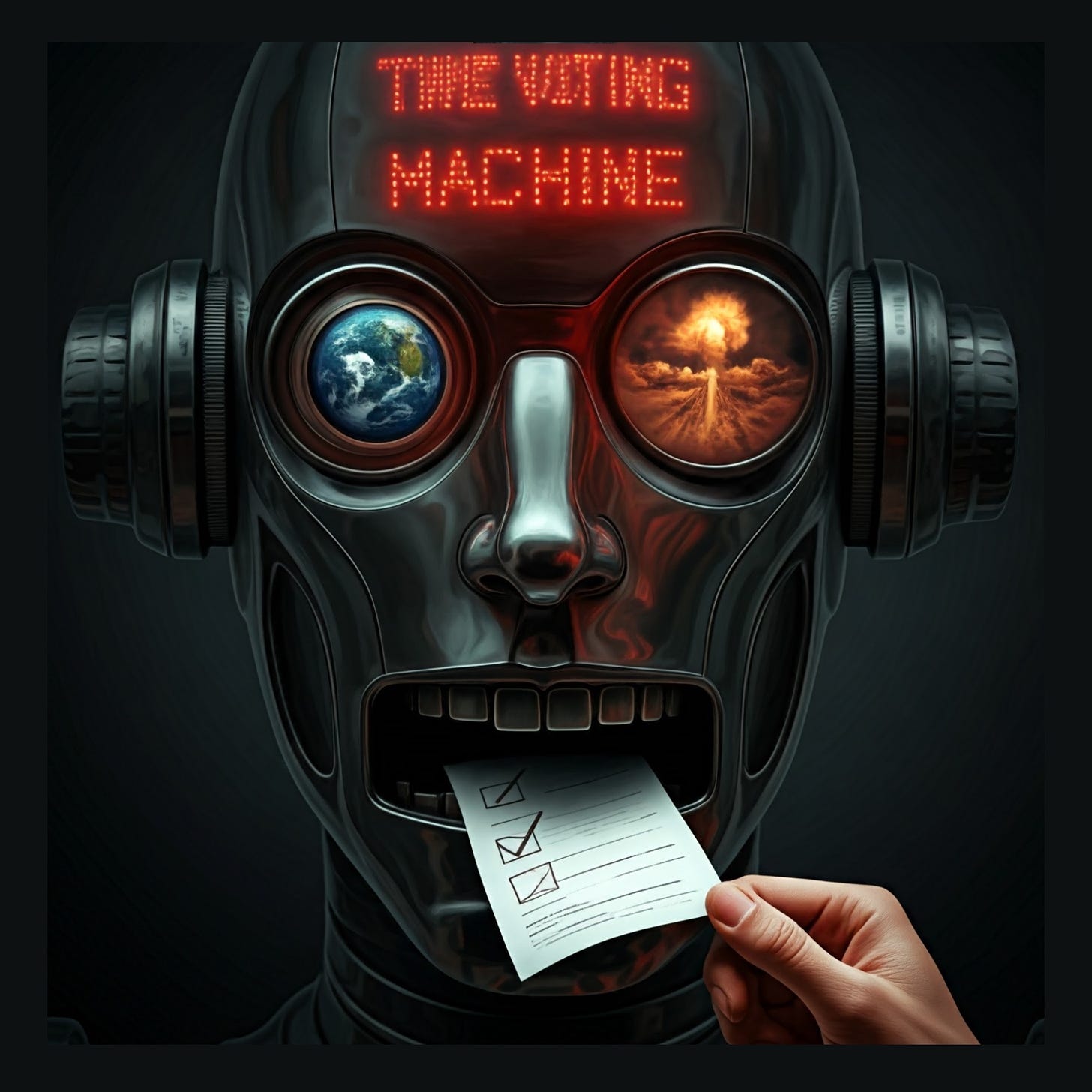 Single cover for 'The Voting Machine' depicting a robot eating a voting slip.