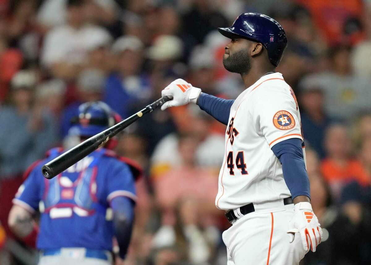 Houston Astros Yordan Alvarez (44) reacts after striking out against Texas Rangers starting pitcher Jordan Montgomery (52) to end the third inning of Game 1 during the American League Championship Series at Minute Maid Park on Sunday, Oct. 15, 2023, in Houston.