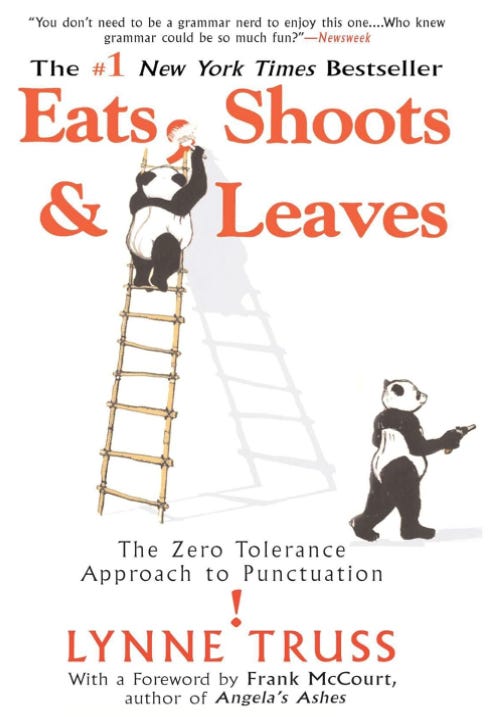 A white book cover with two pandas on it with the title eats, shoots and leaves