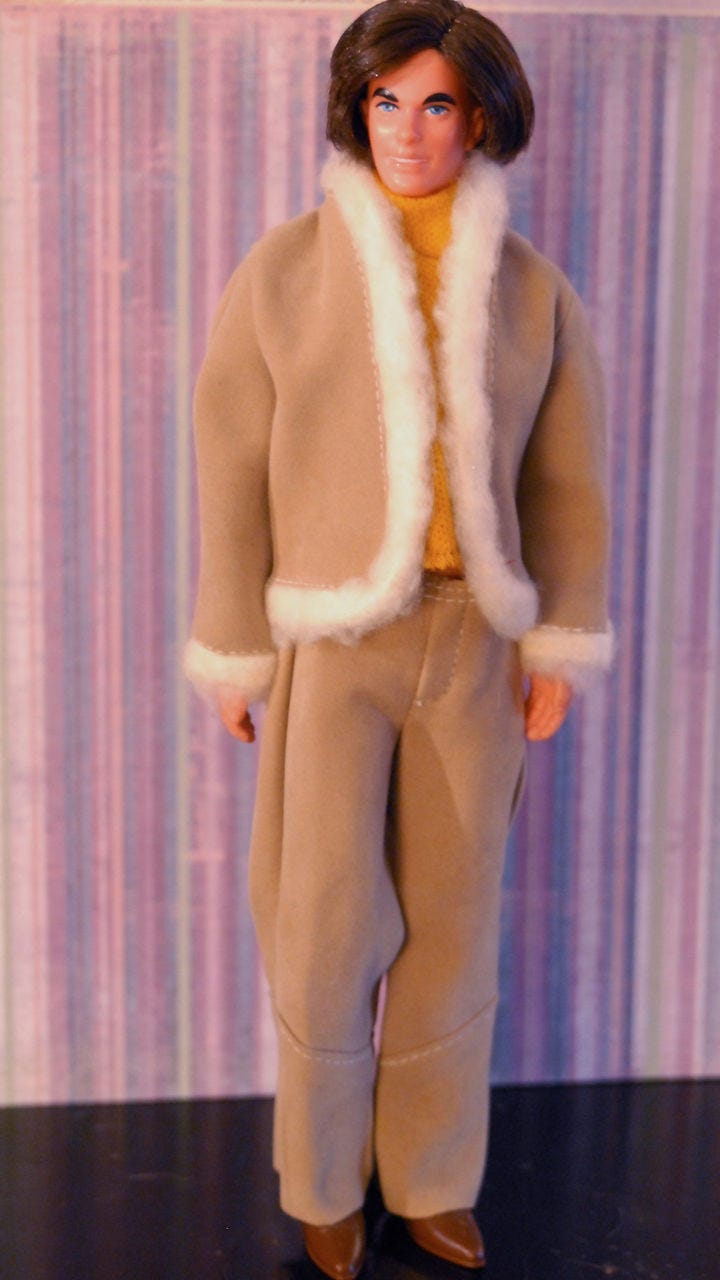 Vintage Ken doll in a ridiculous get up, showcasing the double standard that embodies aging for women. 