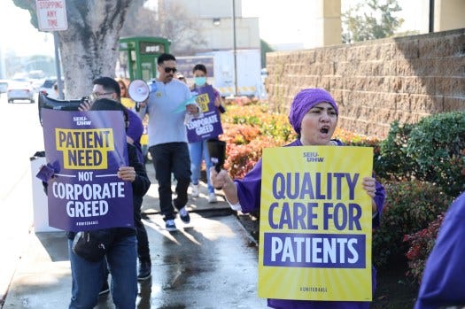 Nursing assistants, emergency medical technicians, licensed vocational workers and other healthcare employees picketed Garfield Medical Center on Tuesday, Jan. 23., claiming they’re chronically understaffed. (Photo courtesy of SEIU-United Healthcare Workers West)
