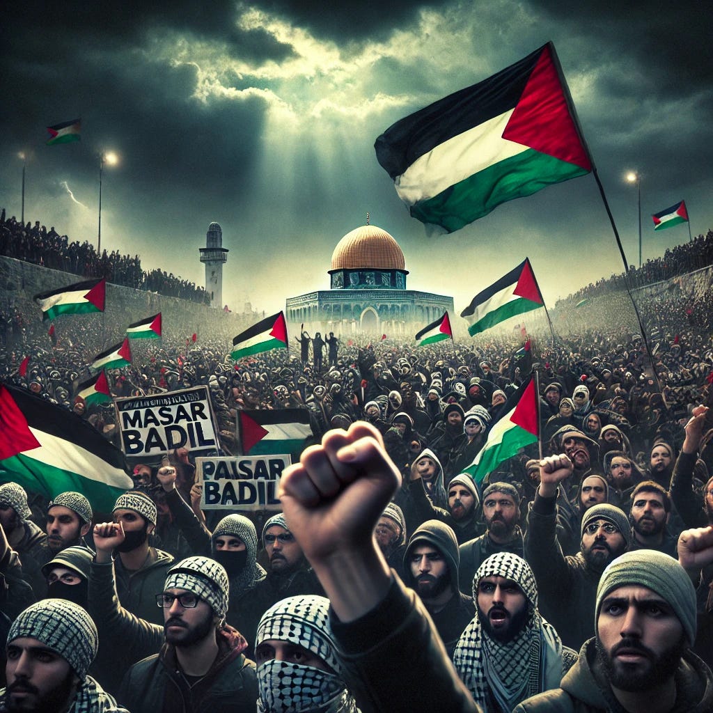 A darker and more intense image of a Palestine protest, with people holding Palestinian flags, signs, and banners. The crowd looks more somber, with tense and determined expressions. The sky is overcast with ominous clouds, casting a shadow over the scene. The protest is filled with dramatic lighting, enhancing the sense of urgency and resistance. Symbolic elements of the Samidoun and Masar Badil movements are represented, but with a more ominous tone, like clenched fists and shadows of resistance. The Dome of the Rock in the background appears distant, almost ghostly, under the dark sky.