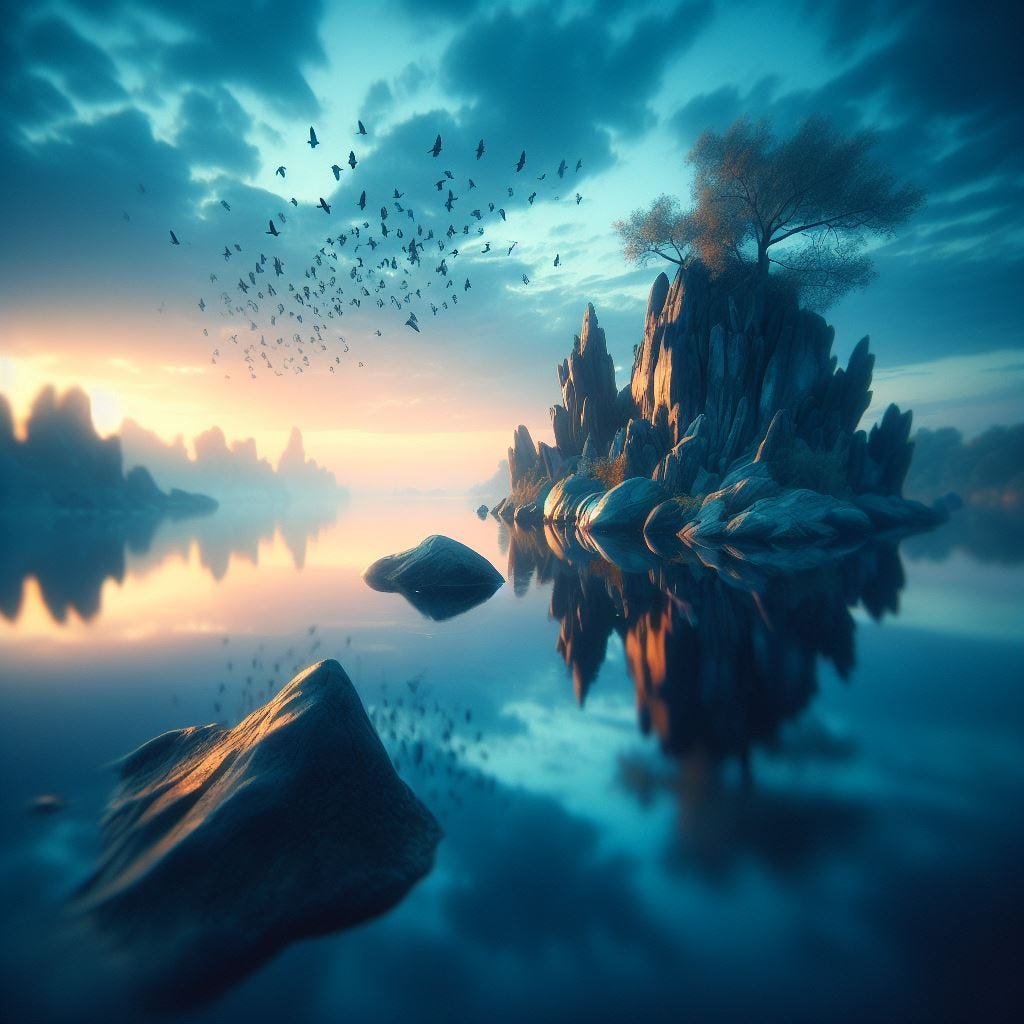 Hyper realistic; Close up; lensbaby  rock formation in the water. in foreground. birds in distance. foreshortening of tree..deep blue river reflecting and soft feathery clouds. vast distance. sunset Ethereal. Luminescent 