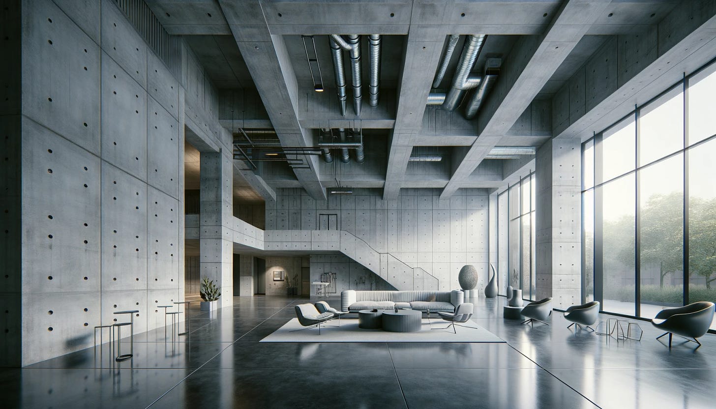 A brutalist architecture foyer featuring exposed concrete walls and high ceilings with visible beams and ducts. The space is illuminated by large floor-to-ceiling windows, allowing natural light to flood in. The flooring is polished concrete, maintaining a seamless, industrial look. Minimalist furniture includes simple benches and a few modern chairs, with metal and glass accents. A large, abstract sculpture serves as a focal point in the center of the foyer. The color palette is predominantly grey and white, with touches of greenery from a few potted plants. The overall design is austere yet inviting.