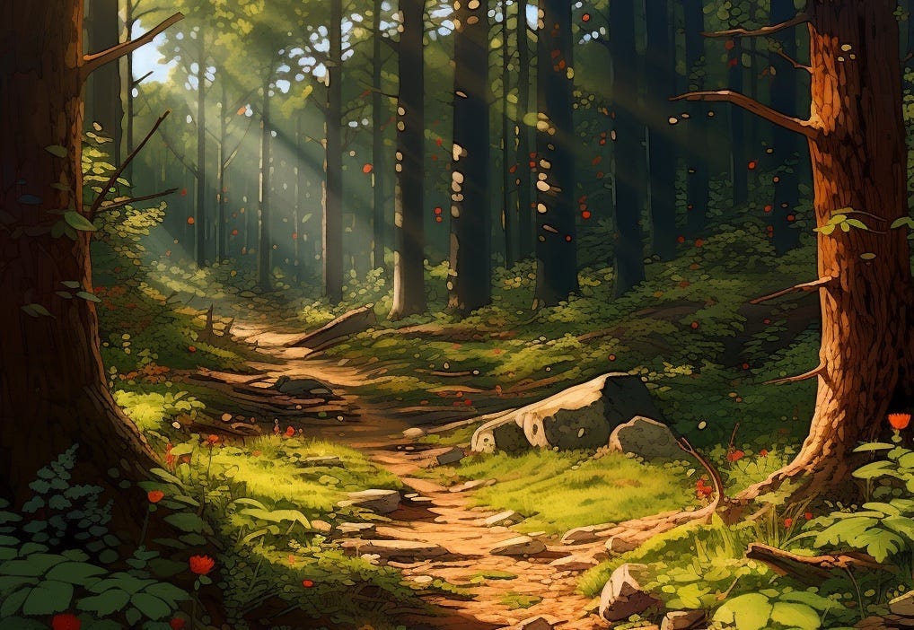 A stylistic illustration of a path through a forest floor.