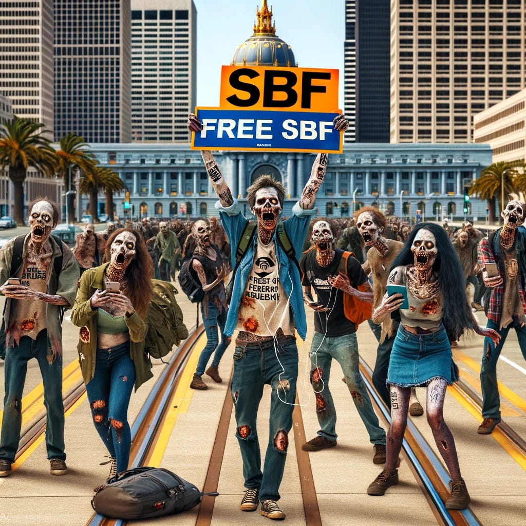 A unique scene in San Francisco during a zombie apocalypse, showing Web 3.0 zombies transformed into a protesting group. They are holding the 'Free SBF' bumper sticker aloft, chanting and marching towards the federal building. The zombies are casually dressed, with smartphones in hand, displaying an unusual mix of zombie traits and protestor zeal. The backdrop shows the cityscape of San Francisco, with a clear path leading to the Ferry Terminal, symbolizing the player's successful escape.