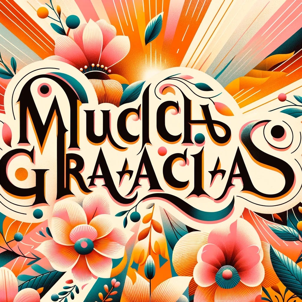 A visually appealing image with the words 'Muchas Gracias' prominently displayed in an artistic, elegant font. The background should be colorful and convey a feeling of gratitude and warmth, incorporating elements like flowers, sunlight, and soft, pleasing colors to enhance the message of thanks.