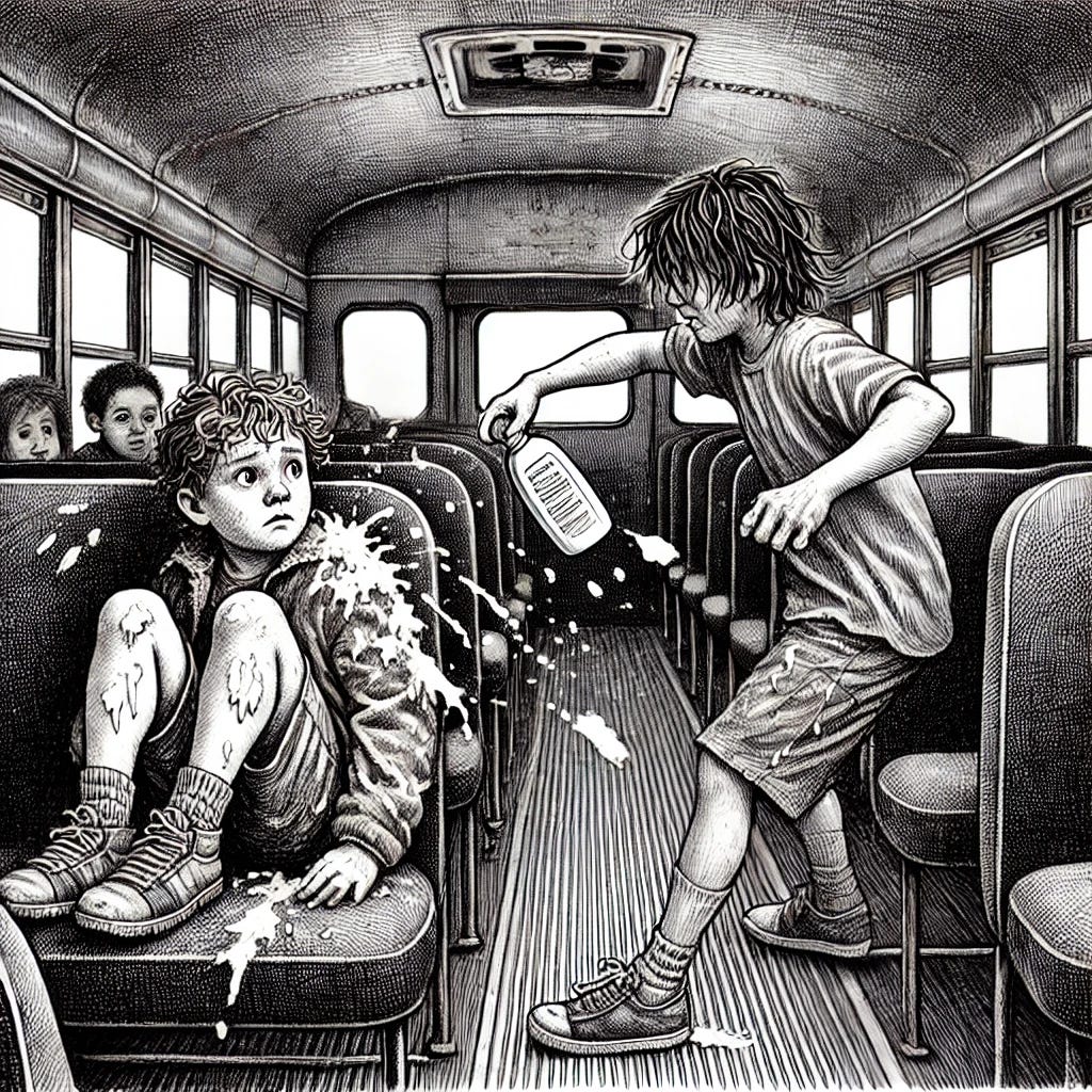 A black and white drawing showing a scene inside a school bus, focusing on a young, dirty child being mistreated. The child, with disheveled hair and worn-out clothes, sits on the bus seat while another figure throws shampoo at them. The child looks surprised and upset, with droplets of shampoo in the air and splashing on them. The bus interior is detailed with rows of seats, some kids in the background either watching or ignoring the scene. The overall mood is tense and uncomfortable, highlighting bullying and neglect.