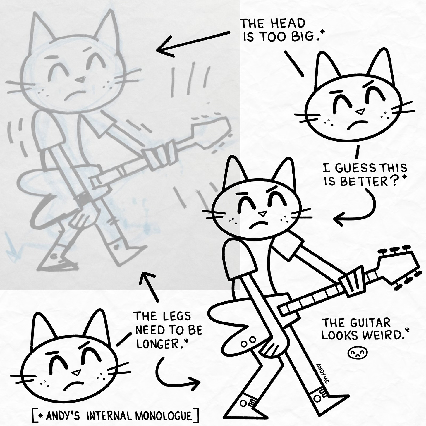 original cat sketch with outlines and notes for correction