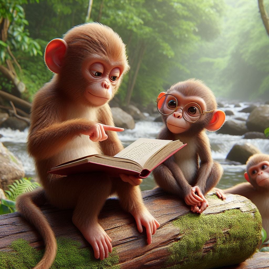 A realistic Monkey teaching to read another monkey