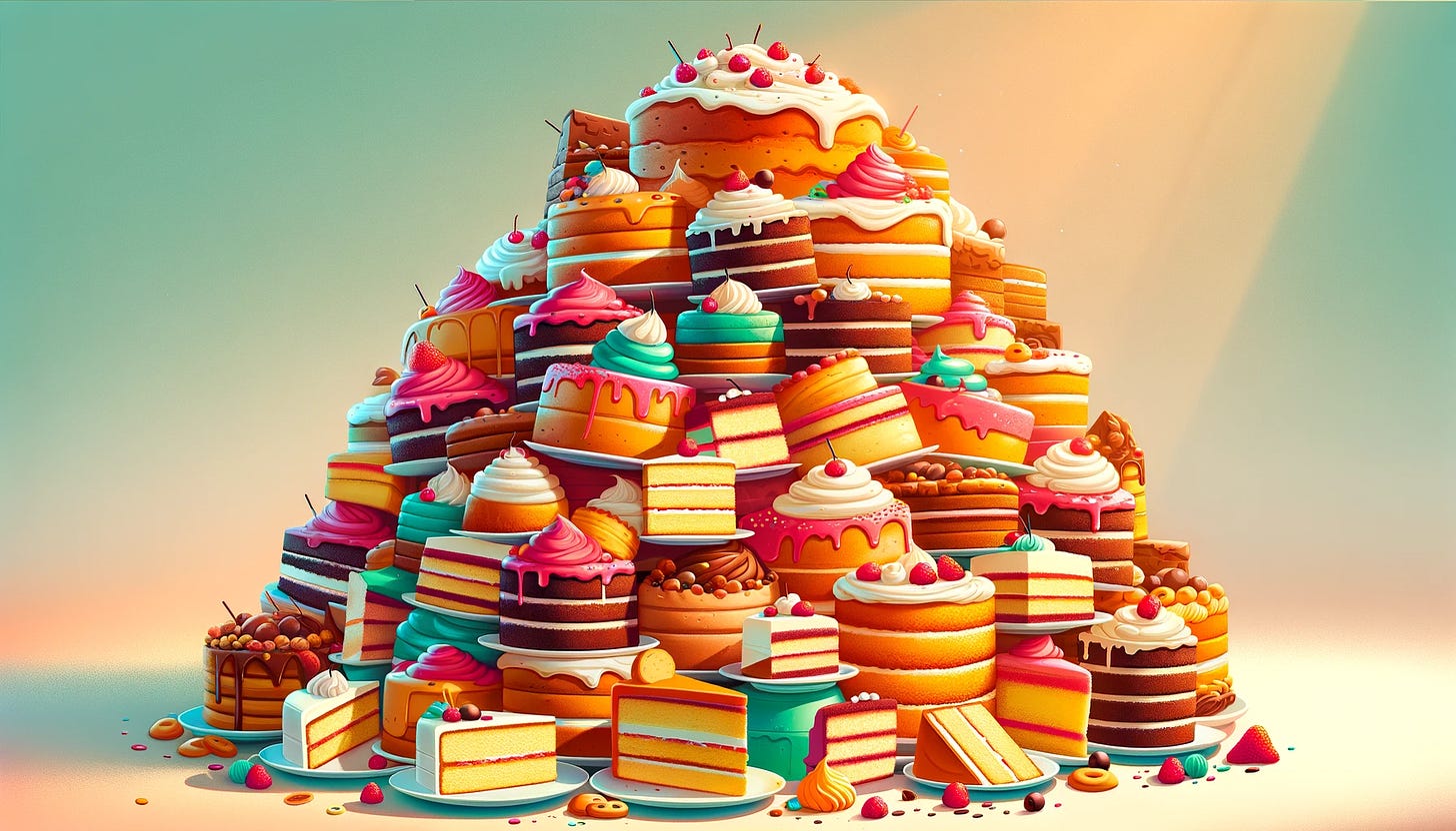 A large pile of whole cakes and slices of cake on plates piled into a mountain