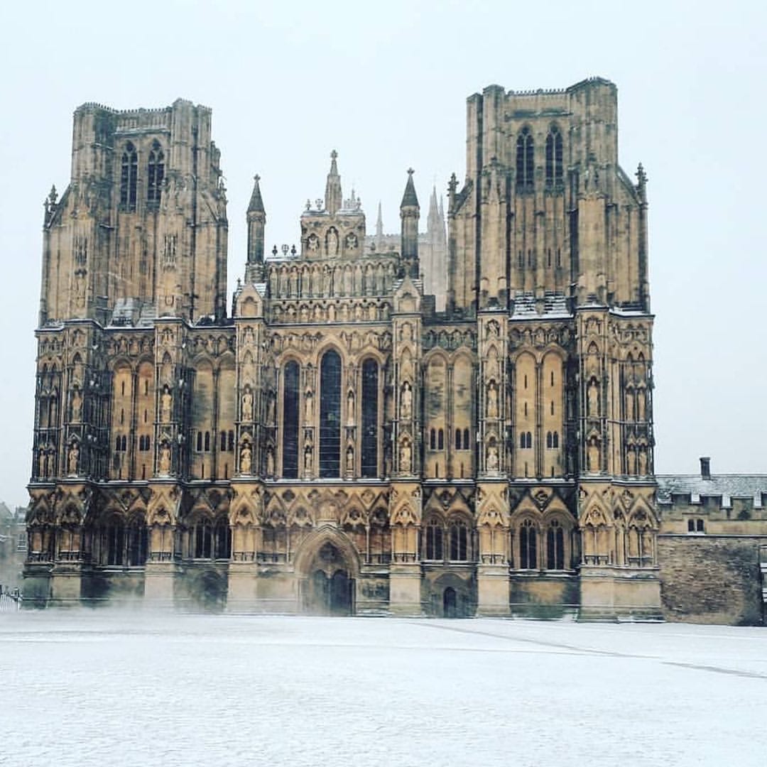 Snowy scene of Wells Cathedral. (Photo from Wells Cathedral)