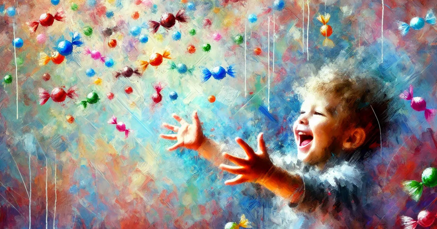 A child trying to catch a bunch of candy that is raining down all around him